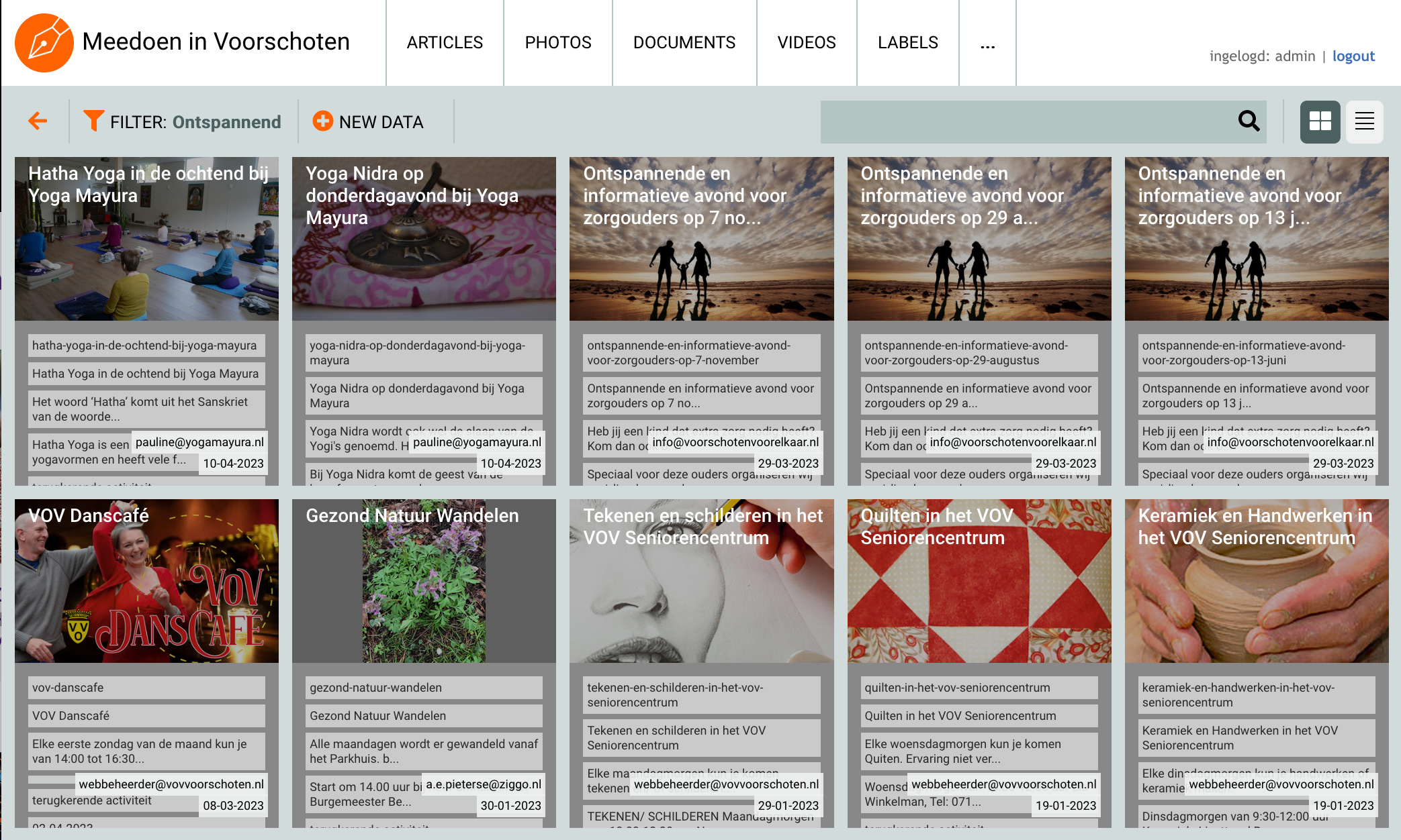 Alle activiteiten worden ook in WebEtui getoond en zijn te vinden op filter en organisatie